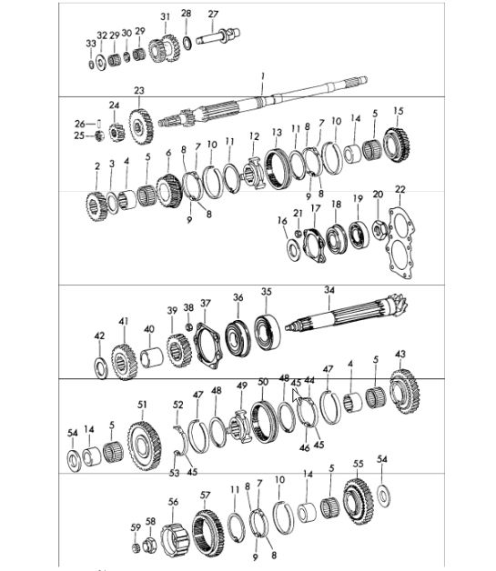 Gears and shafts 5-speed transmission (gear wheel sets 915.300/02) for 911 1972 onwards