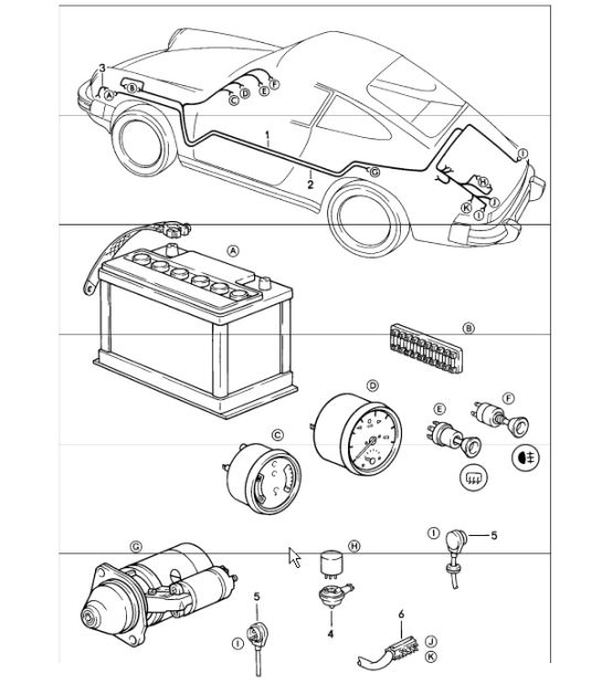wiring harnesses: passenger compartment, battery-starter cable, boot floor plate 911 1984-86