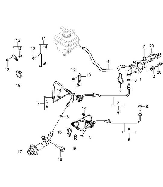 Clutch actuation / Clutch master cylinder / Clutch pipeline (PR:G0L, 6-Speed manual) Cayenne 9PA (955) 2004>>
