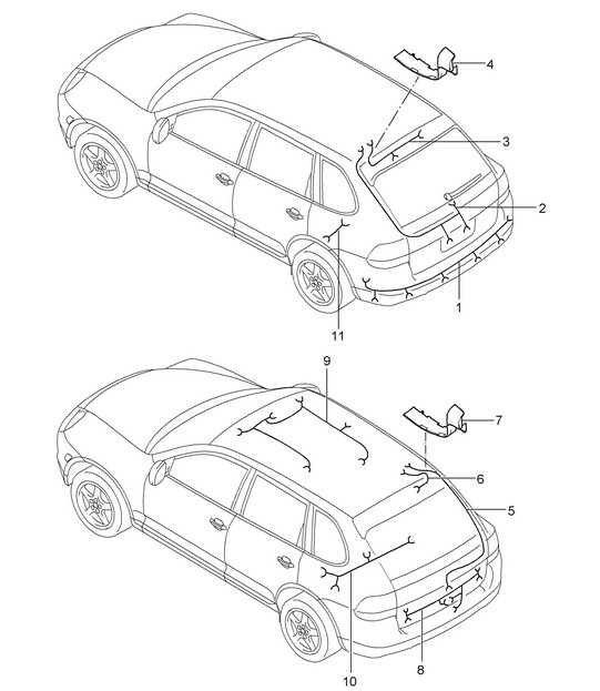Kabelbomen / Achterzijde / Dakbekleding / Brandstoftank / Antiblokkeersysteem / Remblokslijtage-indicator / Achteras Cayenne 9PA (955) 2003-06