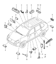 Éclairage intérieur / Éclairage du compartiment moteur / Éclairage du coffre à bagages / Éclairage de protection de porte / Éclairage de plancher / Éclairage / Rétroviseur extérieur Cayenne 9PA (955) 2003-06