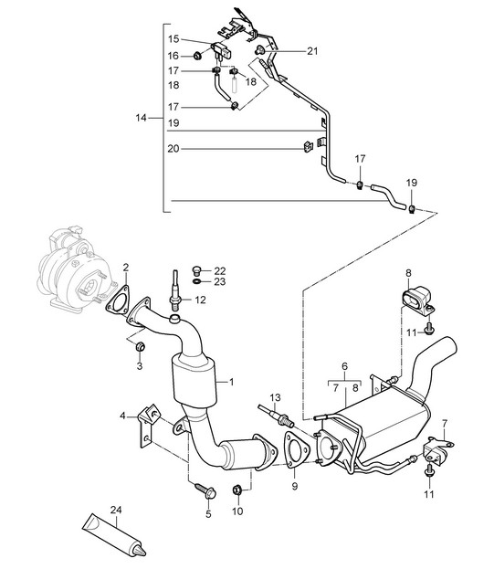 Système d'échappement / Tuyau d'échappement avec : Catalyseur / Filtre à particules diesel / Ligne de commande (PR:D50) Cayenne 9PA1 (957) 3.0L Diesel 2007-10