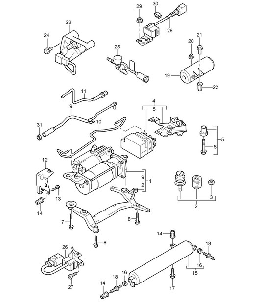 Suspension adaptative / Compresseur / Accumulateur de pression / Capteur d'accélérateur (PR:1BK) Cayenne 9PA1 (957) 2007-10