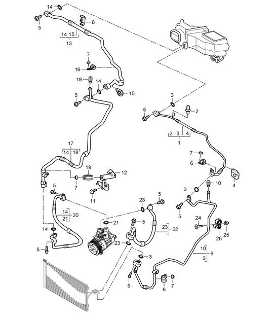 Circuit réfrigérant avec : Climatiseur d'appoint (PR:D5X,9AH) - AVANT - Cayenne 9PA1 (957) 3.6L 2007-10