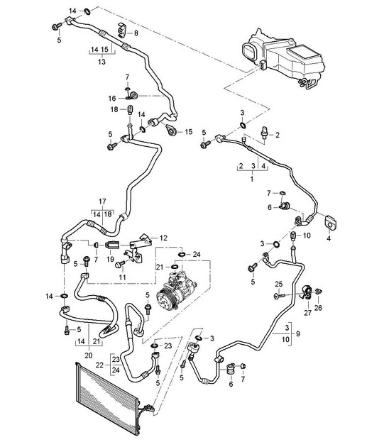 Circuit réfrigérant (PR:D5V,D5Z, D50,9AB,9AD, 9AH) - AVANT - Cayenne 9PA1 (957) 3.0L Diesel / 4.8L 2007-10