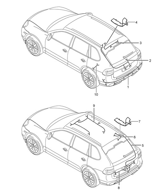 Kabelbomen / Achterkant / Dakbekleding / Antiblokkeerremsysteem. -abs- / remblokslijtage-indicatie / Achteras Cayenne 9PA1 (957) 2007-10