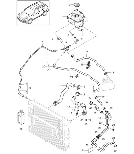 Sistema de refrigeración de refrigerante / Tanque de expansión de refrigerante (PR:D6V,D58, DT1,DT5,DU2, DU3) Cayenne 92A (958) 3.6L / 4.8L 2011-18