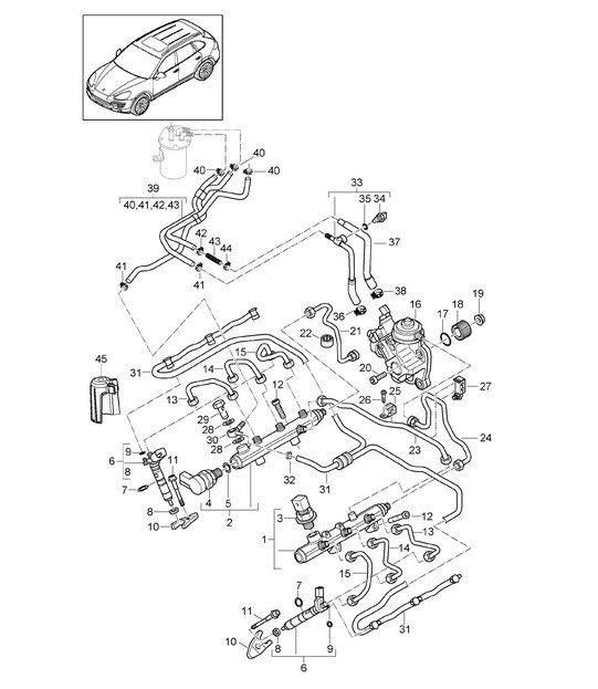 Tuyau de collecte de carburant / injecteur haute pression / pompe haute pression / Conduite de carburant (Modèle : CRCA,CRCB, CNRB,CVVA, CVVB,CVVC) Cayenne 92A (958) 3.0L DIESEL 05/2011-18