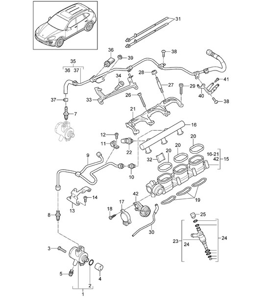 Tuyau de collecte de carburant / injecteur haute pression / pompe haute pression (Modèle : 06EC,CGEA, CGE,CGFA,CJT) Cayenne 92A (958) 3.0L HYBRID 2011-18