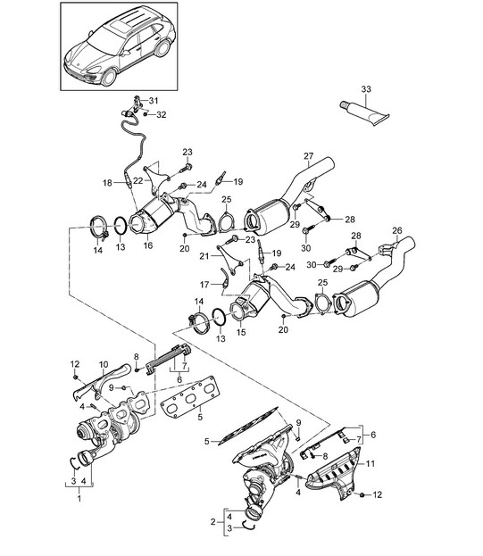 Impianto di scarico / Turbocompressore a gas di scarico / Catalizzatore / Sonda Lambda (PR:DU2,DU3) Cayenne 92A (958) 3.6L 2011-18