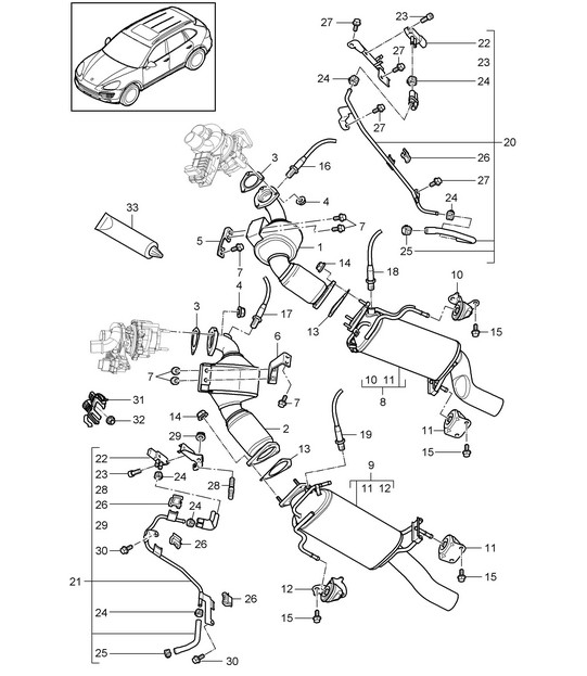 Système d'échappement / Tuyau d'échappement / avec : Catalyseur / Filtre à particules diesel / Ligne de commande (PR:DD8,0GG, 7MJ) Cayenne 92A (958) 4.2L DIESEL 2011-18