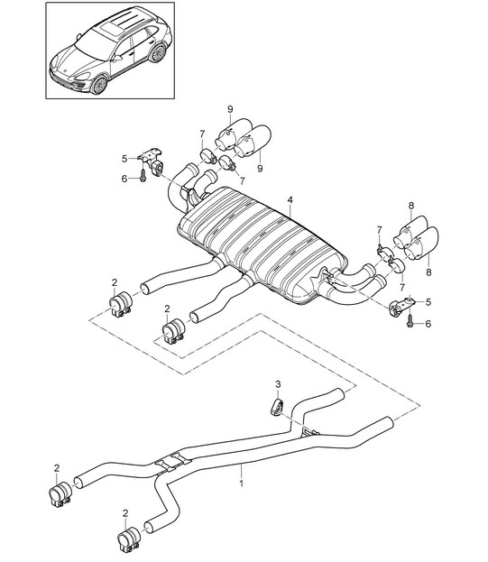Exhaust system / Front silencer / Rear silencer / Tailpipe (PR:D58,DT1, DT5,0P0,0P3, 0P6) Cayenne 92A (958) 4.8L 2011-18