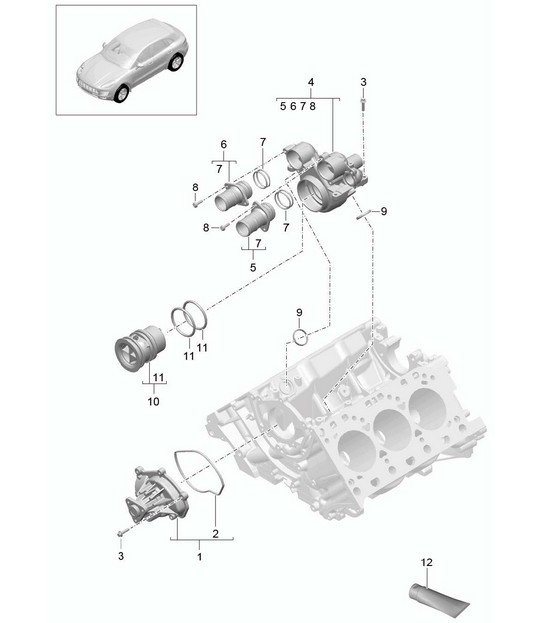 Pompe à liquide de refroidissement / boîtier de thermostat (Modèle : CTMA,CTM, CTLA,CTL, DCNA,DCN, DHKA,DHK) 95B.1 Macan 3,0L / 3,6L 2014-18