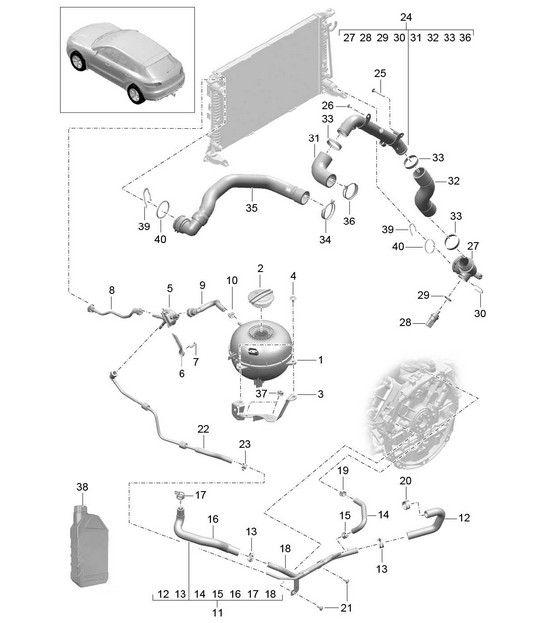 Coolant cooling system / Coolant expansion tank (Model: CTMA,CTM, CTLA,CTL, DCNA,DCN, DHKA,DHK) 95B.1 Macan 3.0L / 3.6L 2014-18