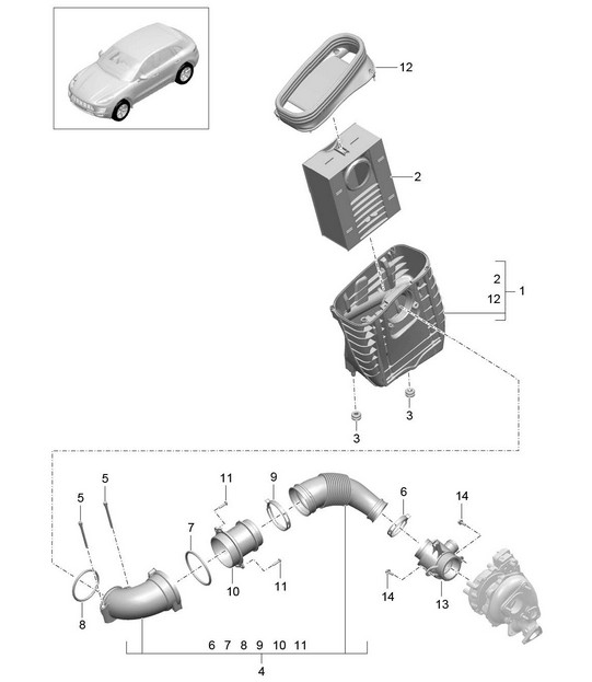 Filtre à air avec pièces de connexion (Modèle : CDUD,CTBA, CTBB,CTBC) 95B.1 Macan 3.0L Diesel 2014-18