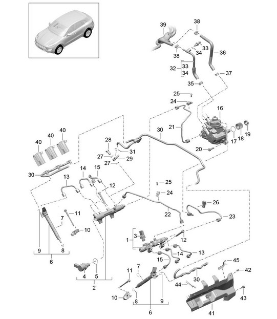 Tuyau de collecte de carburant / Injecteur haute pression / Pompe haute pression (Modèle : CDUD, CTBA, CTBB, CTBC) 95B.1 Macan 3.0L Diesel 2014-18