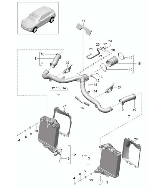 Laadluchtkoeler / drukleiding (model: CTMA,CTM, CTLA,CTL, DCNA,DCN, DHKA,DHK) 95B.1 Macan 3.0L / 3.6L 2014-18