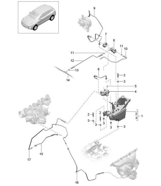 Voor modellen met inlaatluchtkoeler / vacuümreservoir / stuurleiding / drukleiding (model: CTMA,CTM, CTLA,CTL, DCNA,DCN, DHKA,DHK) 95B.1 Macan 3.0L / 3.6L 2014-18
