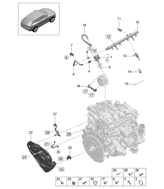 Conduite de collecte de carburant / Injecteur haute pression / Pompe haute pression - PR:T2G - 95B (II / III) Macan 2.0L 2019 - 2024