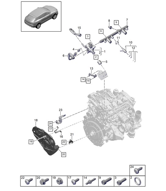 Fuel collectio pipe / High-pressure injector / High-pressure pump - PR:T2B - 95B (II / III) Macan 2.0L 2019 - 2024