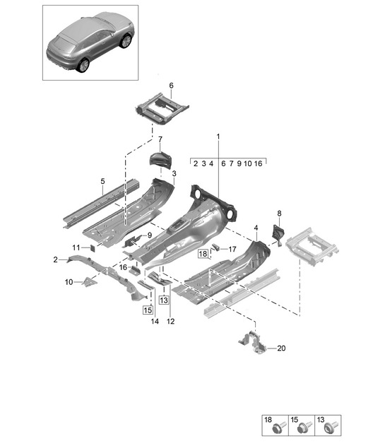 地板面板/通道 - 前部 - 95B (II / III) Macan 2019 - 2024