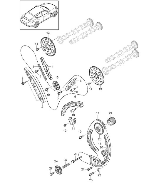 Timing chain / Slide rail / Chain tensioner / Chain sprocket (Model: CRCC,CRCB, CWJA) Panamera 3.0L DIESEL 2012-16