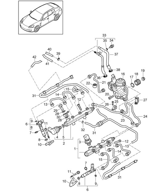 Tuyau de collecte de carburant/injecteur haute pression/pompe haute pression (Modèle : CRCC,CRCB, CWJA) Panamera 970 (G1) 3.0L DIESEL 2012-16