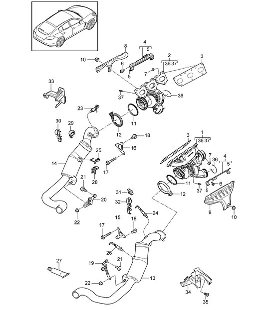Système d'échappement / Turbocompresseur des gaz d'échappement / Convertisseur catalytique / Sonde lambda (Modèle: CWDA,CWD, CWFA,CWF) Panamera 970 (G1) 3.0L 2014>>