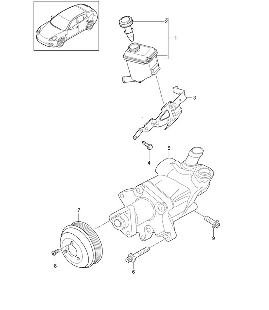 Direction assistée / Pompe de direction assistée / Réservoir d'huile (Modèle : CWAA,CWFA, CWF,CWDA, CWD,CXPA, CXRA,CXR, CRCB,CRCC, CWBA,CWB, CWJA+ PR:-351, -352,-355) Panamera 970 (G1) 2014>>