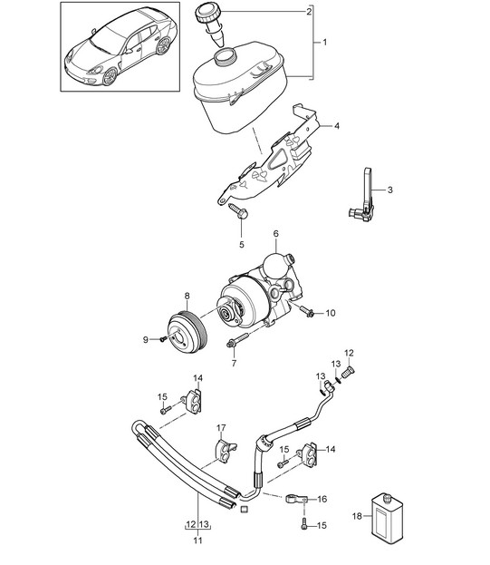 Direction assistée / Pompe tandem / Réservoir d'huile / Tuyau de pression / - PDCC - (Modèle : CWAA,CXNA, CXPA,CXRA, CXR,CWBA, CWB,CWCA, CWC,CWDA, CWD,CWFA, CWF+ PR:351,355) Panamera 970 ( G1) 3,0L / 3,6L / 4,8L 2014>>