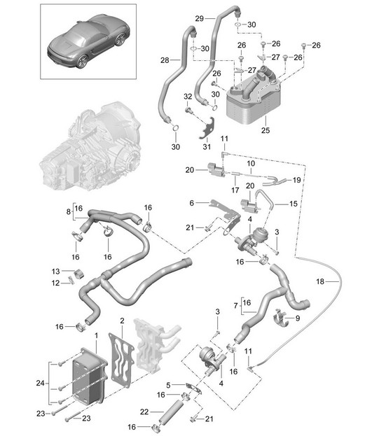 - PDK - Getriebe / Wärmetauscher / Ölleitung / Wasserleitung (Modell: CG205, CG225) 981 Boxster / Boxster S 2012-16