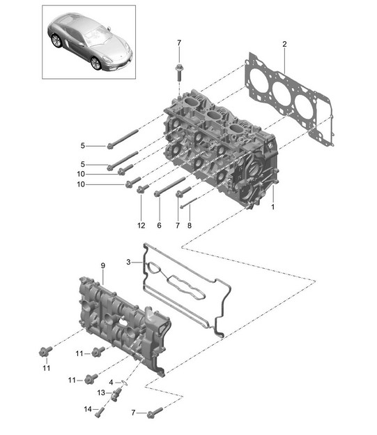Cilinderkop met: Kleppen, Cilinderkoppakking, Kleppendeksel 981C Cayman / Cayman S 2014-16
