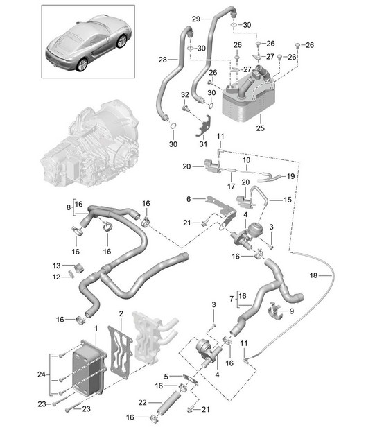 - PDK - Getriebe / Wärmetauscher / Ölleitung / Wasserleitung (Modell: CG205, CG225) 981C Cayman / Cayman S 2014-16