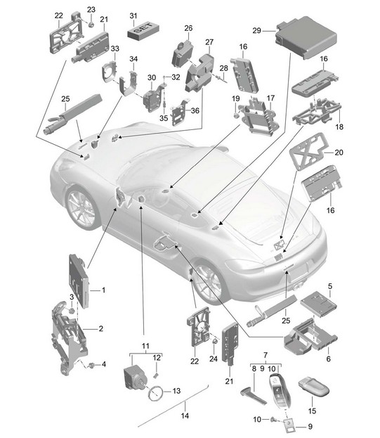 Centraline / Elettronica / Frontale / Parte posteriore / Trasmettitore portatile / Interruttore di accensione/avviamento / Antenna / Apriporta garage / Sensore / Monitoraggio abitacolo 981C Cayman / Cayman S 2014-16