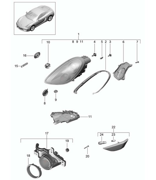 Koplampen / extra koplamp / richtingaanwijzer / zijmarkeringslicht / richtingaanwijzer repeater (PR:-603, -620,-601) 981C Cayman / Cayman S 2014-16