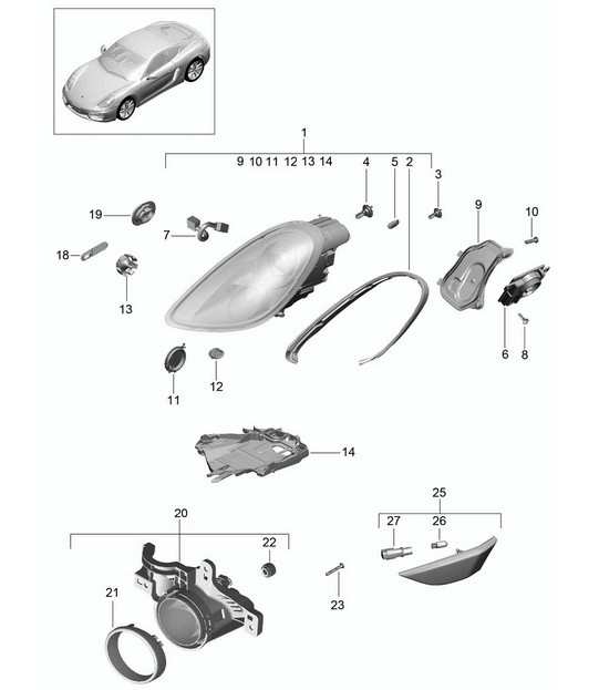 Koplampen / extra koplamp / richtingaanwijzer / zijmarkeringslicht / richtingaanwijzer repeater (PR:601) 981C Cayman / Cayman S 2014-16