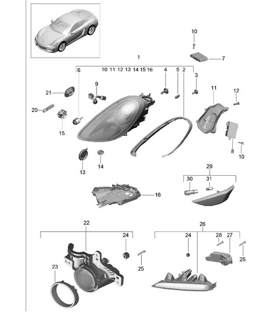 Koplampen met: dynamisch bochtenlicht / extra koplamp / richtingaanwijzer / zijmarkeringslicht / richtingaanwijzer repeater (PR:603.620) 981C Casyman / Cayman S 2014-16