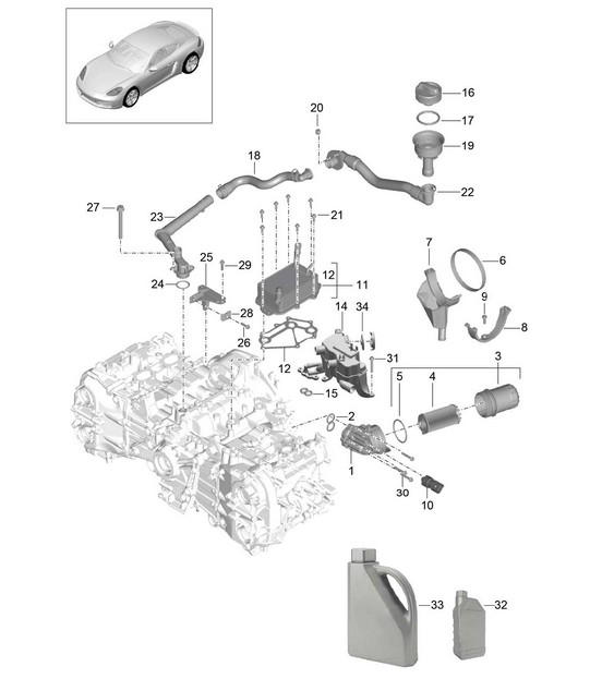 Lubrification moteur / Filtre à huile / Entrée d'huile / Echangeur thermique 718C (982C) Cayman 2017>>