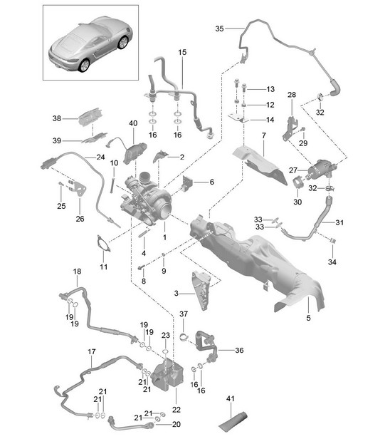 Exhaust gas turbocharger / with: / Heat protection / Oil pipe / Water line 718C (982C) Cayman 2017>>