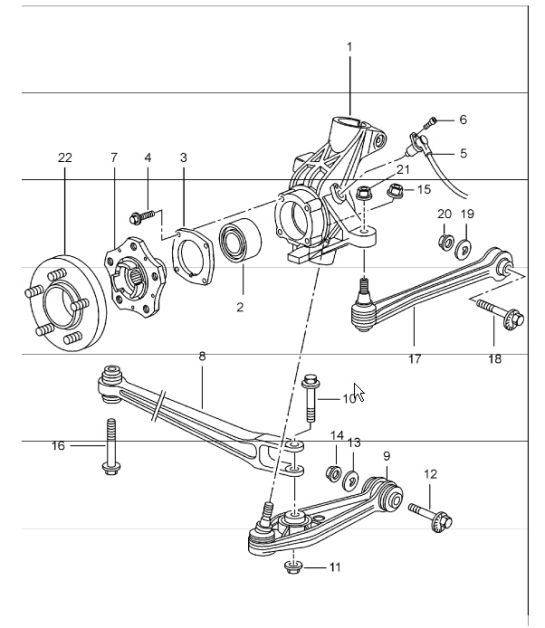 achteras, wieldrager, draagarm en wielnaaf voor 986 Boxster 1997-04