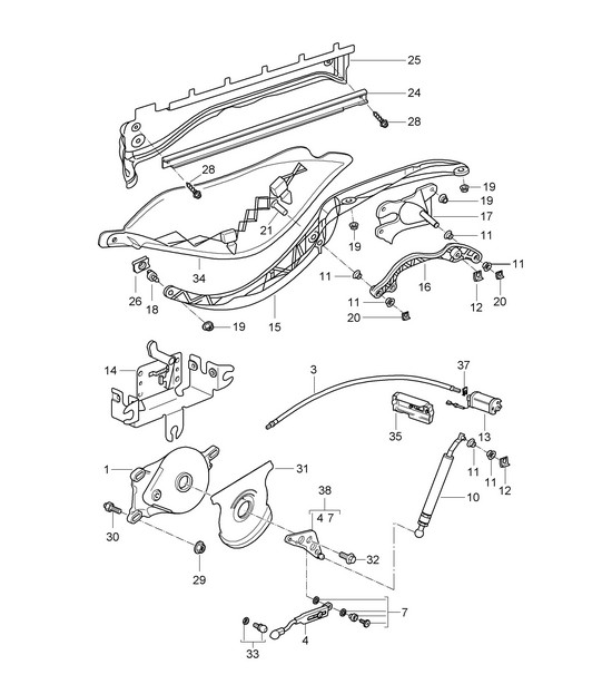 Mecanismo de accionamiento / Capota / Cofre portaobjetos de capota / Funda 987.2 Boxster / Boxster S 2009-12