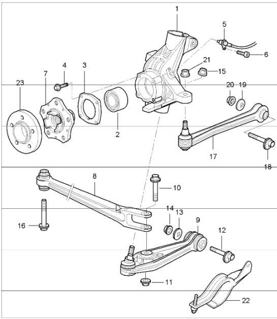 rear axle, wheel carrier, control arm and wheel hub 987  Boxster / Boxster S 2005-08
