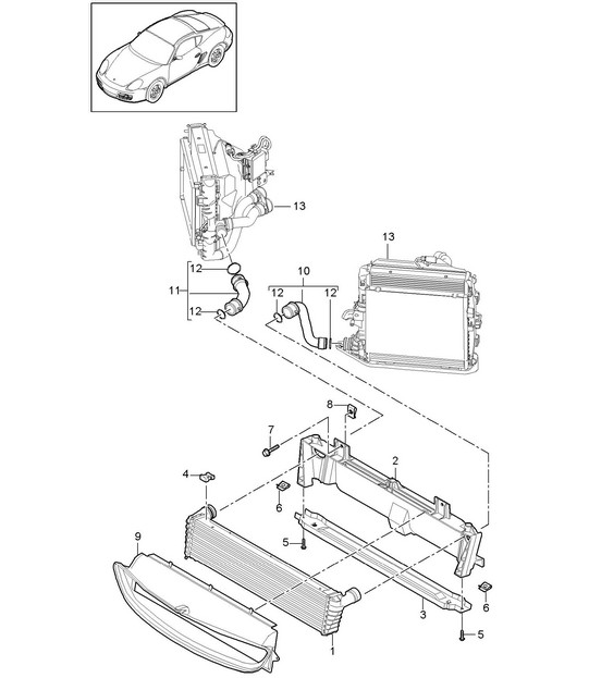 Enfriador de refrigerante (Modelo: A121,A120) - Central, (PR:250,183, 480) - 987C.2 Cayman 2.9L / 3.4L 2009-12
