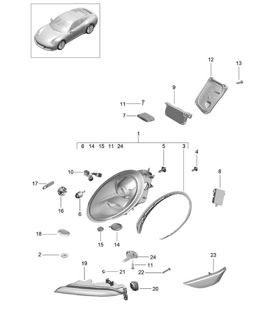 Headlights / Additional headlight / Turn signal indicator / Side marker light / Turn signal repeater - PR:601, XENON - 991.2 Carrera 2017-19