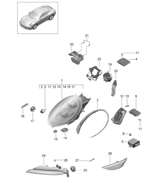 Headlights / Additional headlight / Turn signal indicator / Side marker light / Turn signal repeater - PR:602,XEY - 991.2 Carrera 2017-19