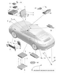 Screen / Central computer / Navigation / TV / microphone / Multimedia interface / Coupler box / Camera / Connecting line 991.2 Carrera 2017-19