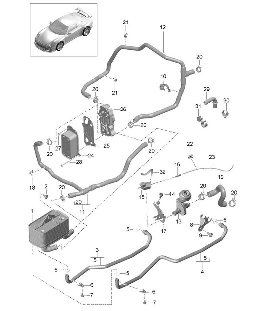 - PDK – Getriebe / Wärmetauscher / Ölleitung / Wasserleitung (Modell: CG190, CG192, CG195) 991 R/GT/GT3 2014–21