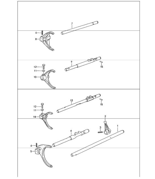gear shift and rod shift fork for 993 CARRERA G50.20/21, 993 CARRERA 4 G64.20/21 (1995 onwards), 993 CARRERA RS G50.31/32/33 and 993 TURBO G64.51 1994-98