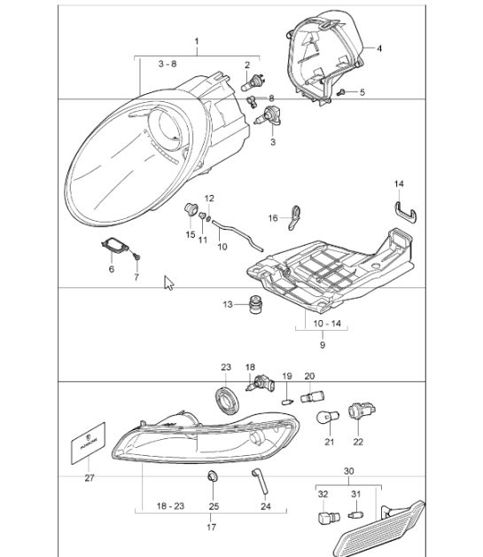 headlamp, additional headlamp, direction indicator light 997.1 2005-08
