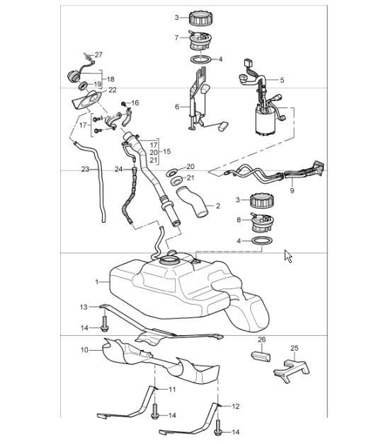 Diagram 201-00 Porsche 911 Turbo 3.3L 1978-89 Sistema de combustible, sistema de escape